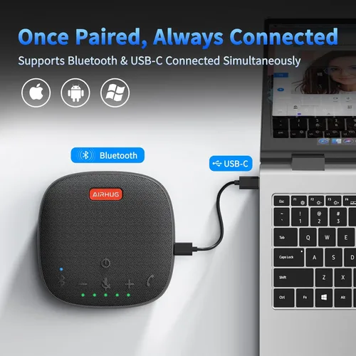 Vista 10 de AIRHUG Altavoz de conferencia y micrófono, altavoz Bluetooth con recogida de voz de 360°, reducción de ruido avanzada, USB-C Plug & Play, compatible
