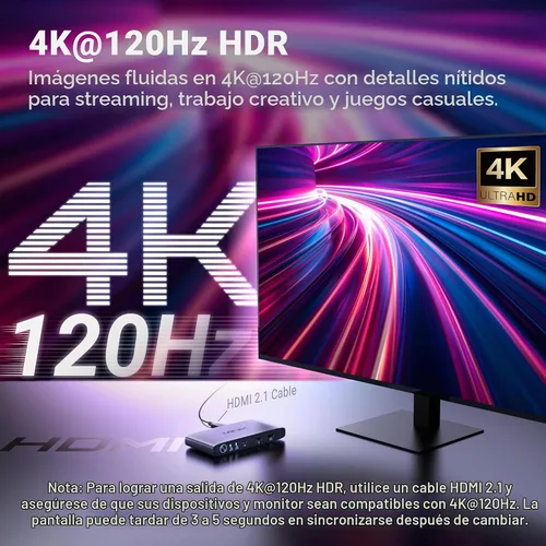 Vista 6 de MINIX KVM KVM USB C K1 1 Monitores 2 Computadoras, 4K @120Hz HDR, 100W PD 3.0, Conmutadores KVM de entrada dual USB-C, teclado y mouse compartidos
