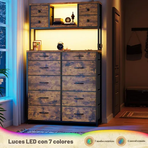 Vista 6 de Romorgniz Cómoda de 62 pulgadas de alto para dormitorio con luces LED y estación de carga, marrón Stable Steel Frame, Wood Top, Fabric Storage