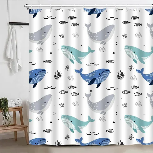 Vista 2 de Cortina de ducha de ballena de dibujos animados, lindo animal oceánico, azul y gris, diseño abstracto de peces náuticos, divertido para niños
