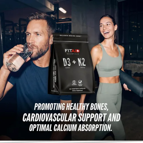 Vista 4 de FITAID Essentials Suplemento de vitamina D3 K2 de 5000 UI, 125mcg D3 + 100mcg K2 MK7, suplementos VIT D3 y K2 de alta absorción para atletas, salud