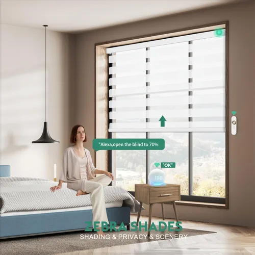 Vista 2 de Persianas motorizadas de cebra con control remoto, funcionan con HomeKit Alexa, cortinas eléctricas automáticas para ventanas, 60% opacas, filtro