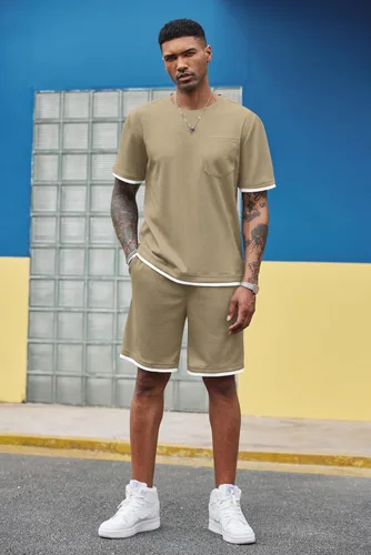 Vista 67 de COOFANDY Conjunto de camisa y pantalones cortos de gofre para hombre, conjunto de 2 piezas, conjunto casual de verano con bolsillos