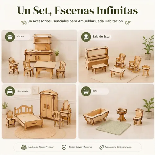 Vista 3 de LOVEINUSA Conjunto de muebles de casa de muñecas de madera, accesorios de habitación en miniatura del rompecabezas 3D, madera natural Miniature