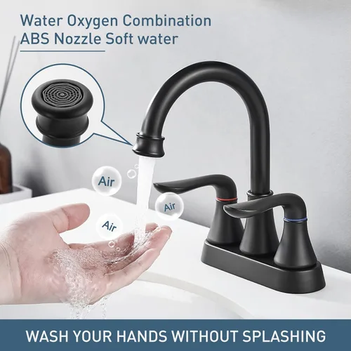 Vista 3 de GENBONS Grifos de baño para fregadero de 3 agujeros, 4 pulgadas, color negro mate con drenaje emergente y 2 mangueras de suministro, 2 manijas