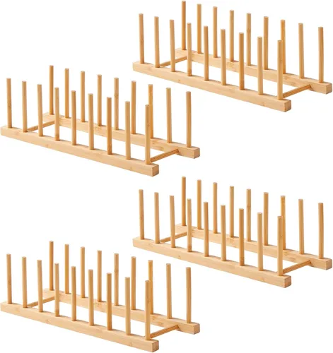 Vista 6 de Paquete de 1 estante de madera de bambú para platos, tapa de olla, tabla de cortar, organizador para gabinete, organizador de gabinete de cocina