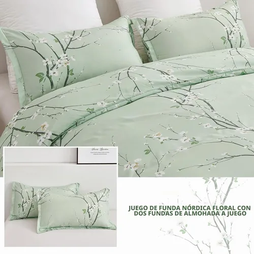 Vista 3 de WONGS BEDDING Juego de funda de edredón floral verde salvia Queen, 3 piezas juego de ropa de cama con estampado de flores de ciruelo con 2 fundas