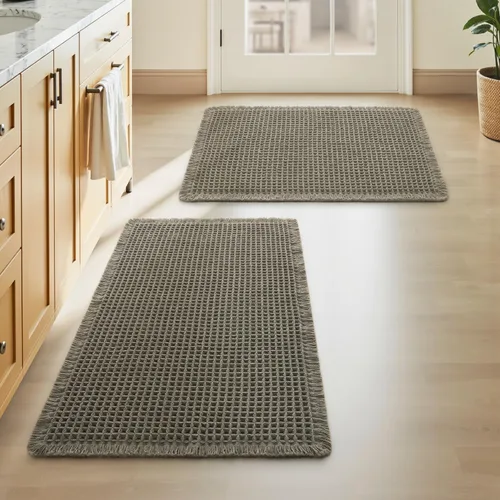 Vista 12 de AMOAMI Tapete de baño mejorado con diseño de gofre, súper absorbente, antideslizante, para suelo de baño, lavable a máquina, con borlas, tapetes