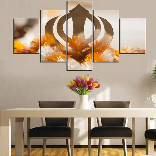 Vista 3 de Pinturas de símbolos de religión, imágenes de signos sijísticos, 5 paneles impresos en lienzo, arte contemporáneo para pared, arte giclée