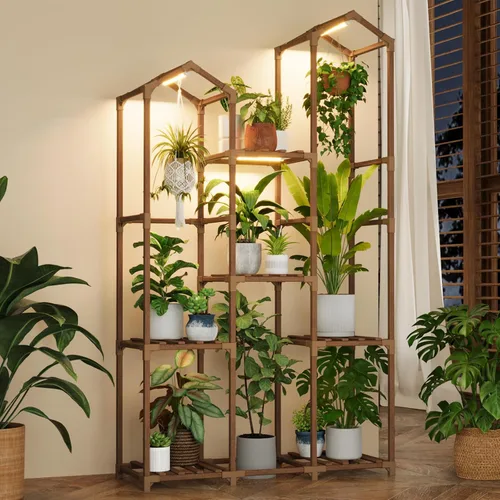 Vista 9 de Bamworld Soporte para plantas para interiores y exteriores, estante de esquina para plantas, soporte para 4 macetas, soporte para flores, estante
