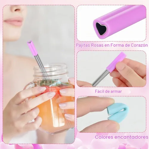 Vista 3 de Jutom Paquete de 8 pajitas de metal con forma de corazón, reutilizables, de acero inoxidable con puntas de silicona, lindas con 2 cepillos de Varios