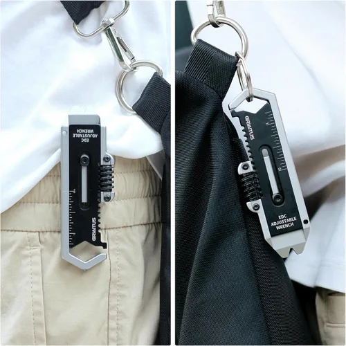 Vista 5 de Llavero pequeño multiherramienta con llave ajustable de bolsillo 9 en 1 para tornillos con mini palanca extractor de clavos herramienta calibrador