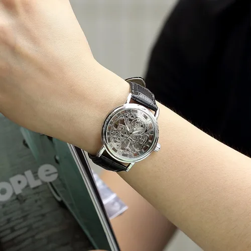 Vista 7 de Reloj de pulsera mecánico para hombre, correa de cuero con cuerda de esqueleto, plateado, Reloj esquelético, mecá