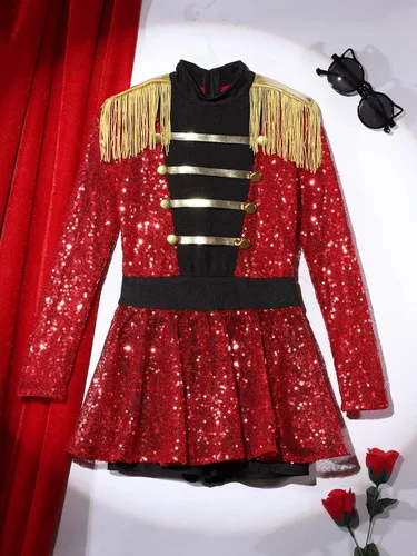 Vista 6 de Disfraz de circo para niñas, disfraz de Halloween con borlas de lentejuelas, vestido de Majorette