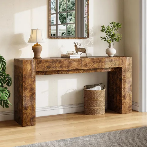 Vista 3 de AMERLIFE Mesa consola de madera Burl de 63 pulgadas con 2 cajones de Marrón