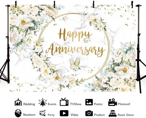 Vista 2 de MEHOFOND Telón de fondo de feliz aniversario de 7 x 5 pies con diseño floral blanco para fotografía de aniversario de boda, fondo geométrico