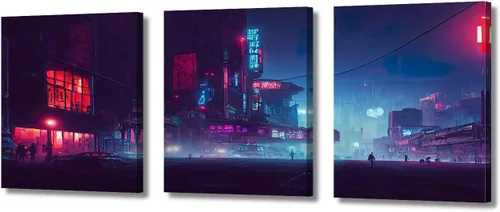 Vista 48 de Cuadros de 3 paneles de Cyberpunk City - Arte de pared de vallas publicitarias de edificios modernos en la capital con obras de arte modernas