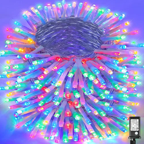 Vista 29 de Guirnalda de luces navideñas con 100 LEDs, tira de 33 pies, 8 modos, conectable, impermeable, parpadeante, con temporizador y memoria, para Azul