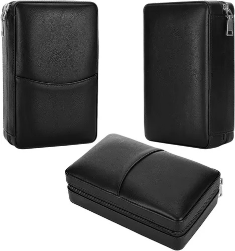 Vista 4 de Humidor de Puros Portátil, Estuche de Puros de Madera de Cedro y Cuero con Encendedor y Cortapuros, Negro
