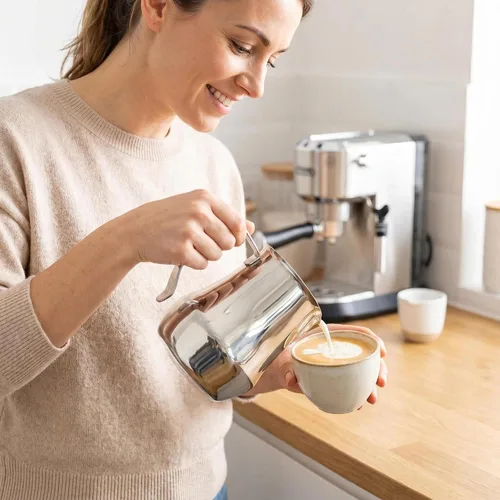 Vista 2 de IMEEA Jarra de espuma de leche de 30 oz/30.4 fl oz, acero inoxidable 18/10, jarra de vapor de leche con boquilla ancha para expreso, café, café