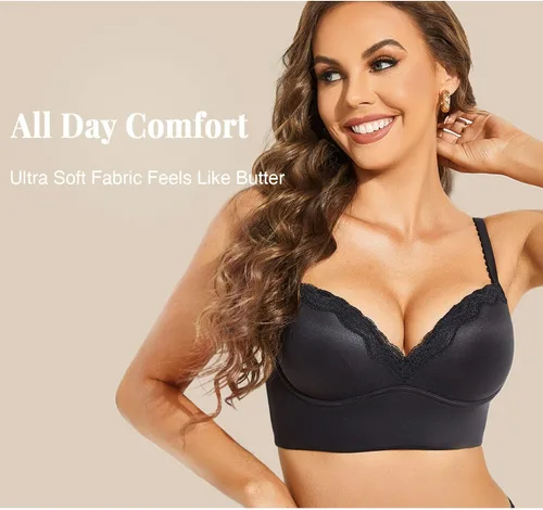 Vista 2 de DOBREVA brasier con push-up para mujer, sin varillas, corpiño con relleno, brasier con soporte y encaje