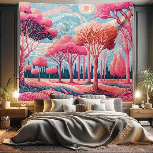 Vista 140 de Ambesonne Tapiz verde, fases lunares alrededor de un árbol de la vida, impresión de diseño bohemio de astrología nocturna, decoración de tela