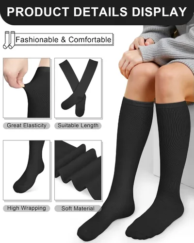 Vista 2 de Senker Fashion Calcetines altos hasta la rodilla para mujer, calcetines largos blancos de tubo negro a rayas para botas al aire libre deporte casual