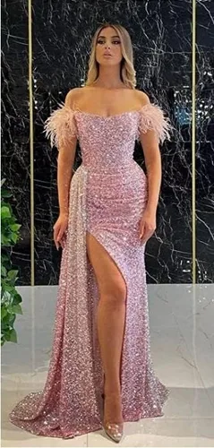 Vista 2 de NNagrace Vestidos de graduación de lentejuelas con hombros descubiertos para mujer con abertura de plumas vestidos de noche formales largos