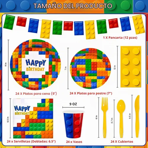 Vista 2 de DYLIVES 180 piezas de bloques de construcción suministros para fiesta de cumpleaños, bloques de construcción de bloques de vajilla, pancartas