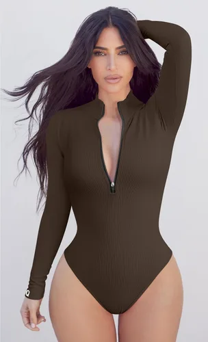 Vista 5 de OQQ Body de 2 piezas para mujer, sexy, acanalado, de una pieza, con cremallera frontal, manga larga