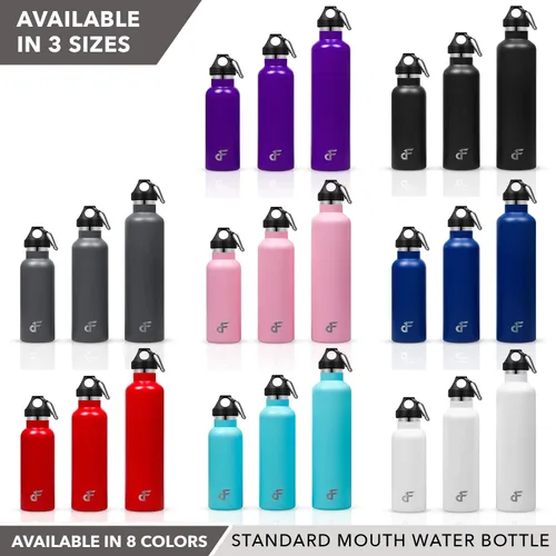 Vista 5 de Day 1 Fitness - Botella de agua de acero inoxidable con boca estándar, mosquetón, (16, 24 o 32 oz) 3 tamaños, 8 colores y opciones de paquete