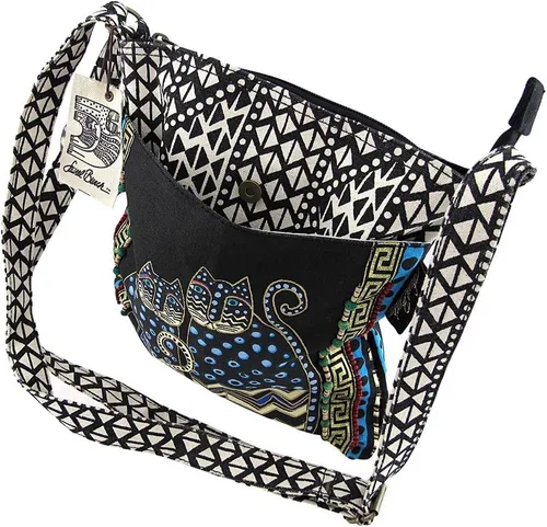 Vista 4 de Laurel Burch LB4315 Bolso cruzado con cierre superior, diseño de gatos punteados, negro