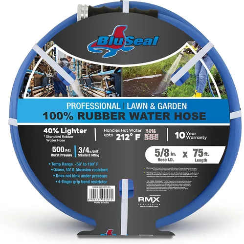 Vista 9 de BluSeal - Manguera de jardín de goma para agua caliente/fría, 100% goma, ultraligera, súper fuerte, 500 PSI, 50F a 190F grados, poliéster trenzado