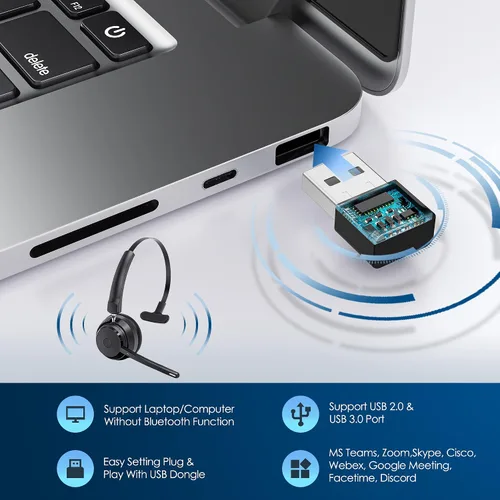 Vista 4 de Mopchnic Auriculares Bluetooth, auriculares inalámbricos con micrófono con cancelación de ruido AI, auriculares inalámbricos con dongle USB