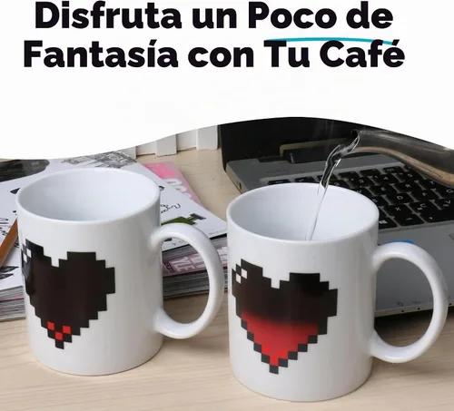 Vista 3 de Kikkerland Pixel Heart Morphing - Taza que cambia de color reacciona al calor, regalo divertido para café, cacao caliente y bebidas calientes