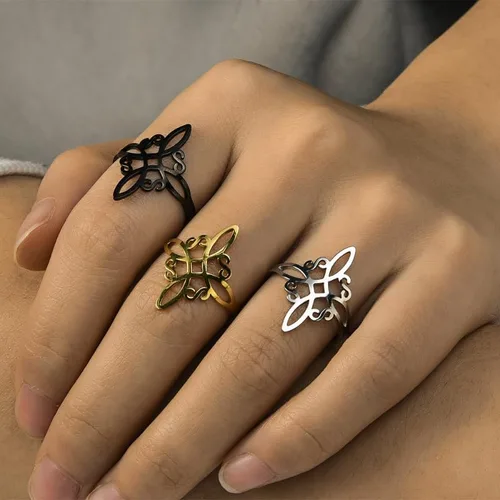 Vista 6 de Poevic Anillo de nudo de bruja para mujer, de acero inoxidable, ajustable, anillo de nudo de amor celta, anillo de nudo de brujas cuaternarias