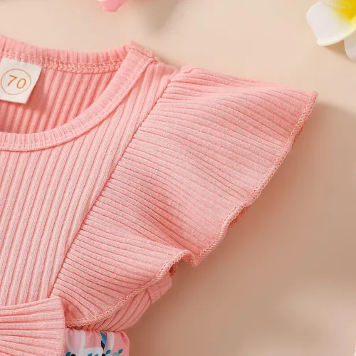 Vista 4 de Lindo mameluco para bebés y niñas con estampado de flores, encaje con volantes, lazo frontal, diadema