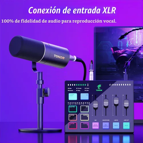 Vista 2 de TONOR Set de interfaz de audio y micrófono, paquete de equipo de podcast, mezclador de audio USB con RGB, micrófono dinámico XLR con calidad