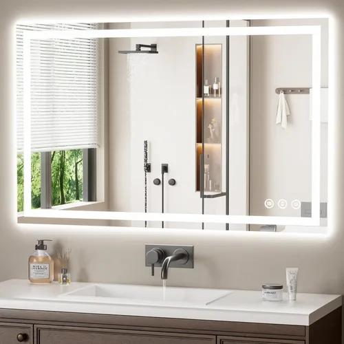 Vista 9 de Espejo de baño LED de 16 x 24 pulgadas con luces, antiniebla, retroiluminado + luz frontal, espejo de tocador de baño iluminado para pared, función