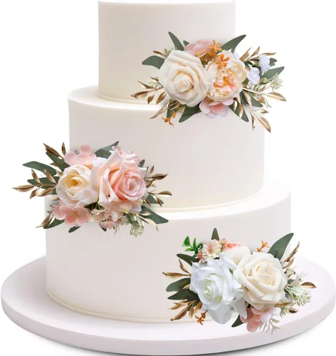 Vista 15 de Marriwise 3 piezas de flores prefabricadas, decoración de pastel de boda rosa baya, decoración de flores artificiales para boda, ceremonia