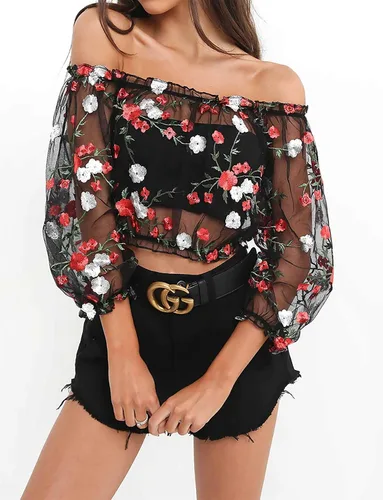 Vista 3 de RARITYUS Mujeres Sexy Floral Bordado Mesh T-Shirt Tulle Manga Corta Ver a través de Crop Tops
