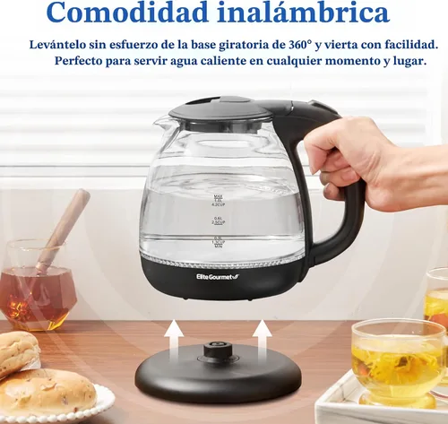 Vista 3 de Elite Gourmet EKT1001 - Tetera de vidrio de 1.0 L, 1100 W, base inalámbrica Negro
