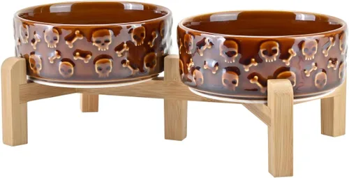 Vista 8 de SPUNKYJUNKY Cuencos elevados de cerámica para perros, 5.1 pulgadas, para comida de perros y gatos, cuencos elevados con soporte de bambú Verde oscuro
