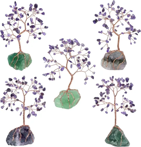 Vista 6 de mookaitedecor Árbol de cristal de amatista natural con cristales crudos con base de fluorita, árbol de dinero, figura de Feng Shui, adorno