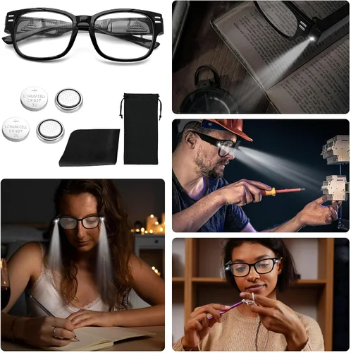 Vista 6 de Gafas de lectura con luces y aumento de 1.5 dioptrías, color negro, unisex para adultos