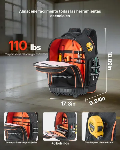 Vista 2 de VEVOR Mochila para herramientas rodantes, capacidad de carga de 110 libras, 45 bolsillos, bolsa de herramientas resistente sobre ruedas, mango