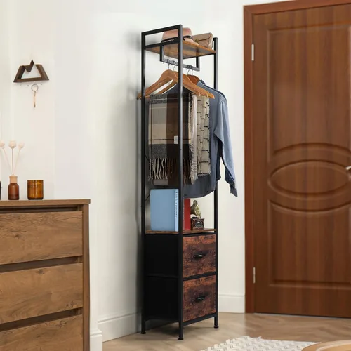 Vista 5 de Perchero de ropa resistente con cajón de tela y estantes de almacenamiento Brown+black