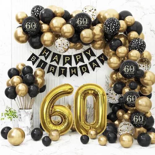 Vista 12 de Decoraciones de 40 cumpleaños para hombres y mujeres, globos de cumpleaños de 40 años negros y dorados para fiesta con pancarta de feliz 40