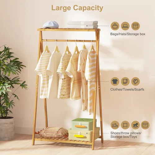Vista 4 de Perchero de bambú para niños, pequeño estante de ropa para niños, estante de vestir para niños con 2 estantes de almacenamiento, perchero portátil