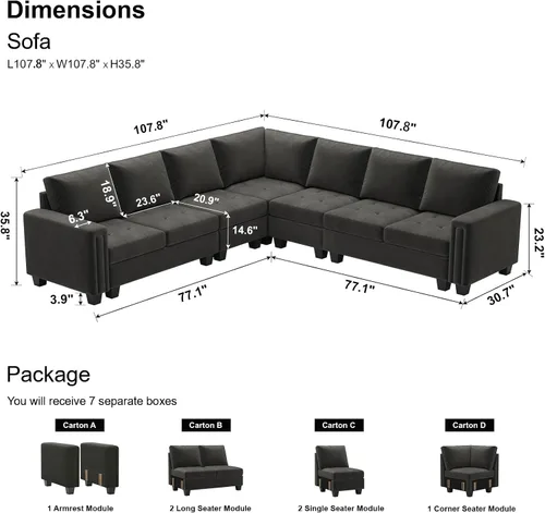 Vista 2 de Belffin Sofá modular de terciopelo en forma de L, sofá seccional convertible de gran tamaño con diván reversible para sala de estar, gris
